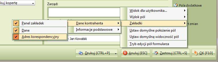 Na przykładzie okna informacji o kontakcie (w module Dane kontaktowe), możemy zauważyć, że jest sporo zakładek w prawej części okna.