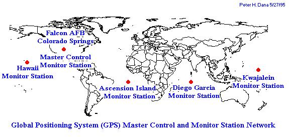 Elementy składowe GPS Segment kontroli, czyli stacje naziemne (1) Jest to rozmieszczony na kuli ziemskiej system naziemnych stacji monitorujących (sterujących i kontrolujących) funkcjonowanie