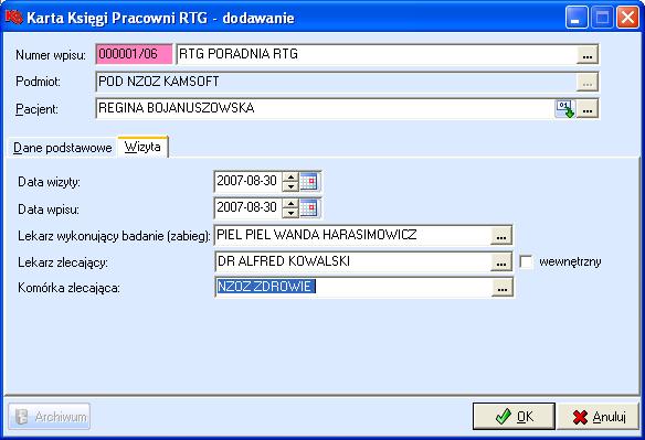 Pole to może przyjmować dwie wartości: Księga Poradni, Księga Pracowni RTG.