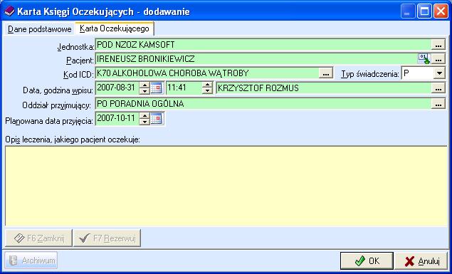 MODUŁ 43 Księga Główna sekcji Pozostałe grupy usług, należy posłużyć się ikoną. Uzupełnianie numeracji świadczeń następuje po użyciu przycisku OK. Rys. 17. Okno: Karta Księgi Oczekujących.