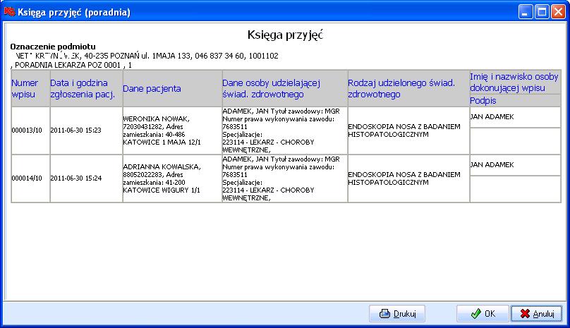 3. Księgi Po wygenerowaniu zostanie wyświetlone okno z informacją o ilości dodanych wpisów do księgi przyjęć (poradnia). Rys. 37. Okno: Profil. Rys. 35. Okno: Informacja.