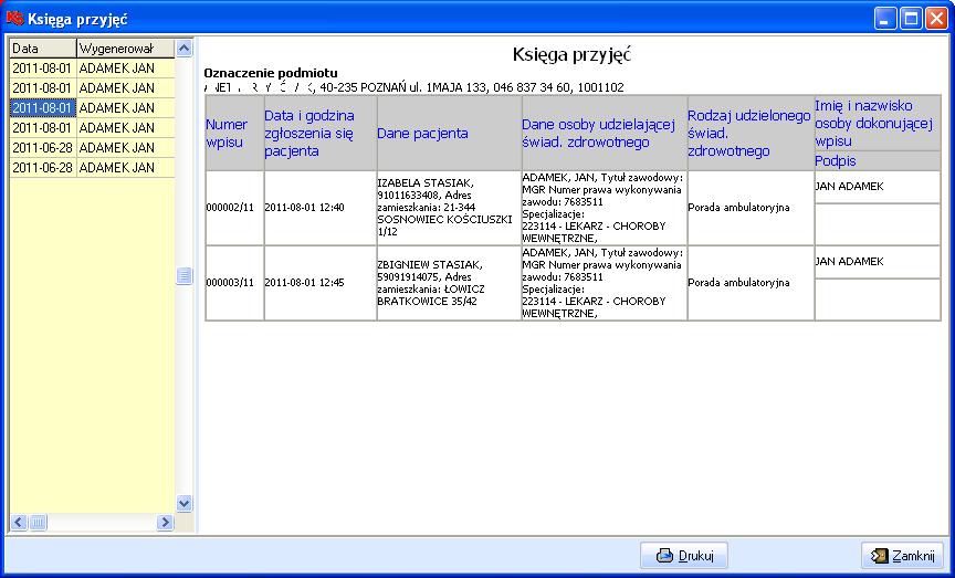 5. Funkcje dodatkowe Przeglądanie/drukowanie poszczególnych ksiąg odbywa się w taki sam sposób, z tego względu na przykładzie zostanie opisany sposób drukowania księgi przyjęć (przychodnia).