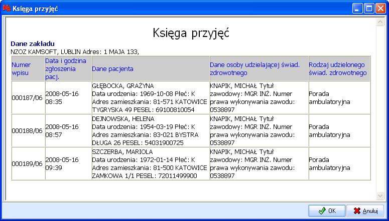 2. Uzupełnianie Księgi Głównej Przychodni W celu automatycznego uzupełnienia Księgi Głównej Przychodni na podstawie wpisów w innych modułach, należy użyć skrótu Ctrl+U lub wywołać z menu funkcję