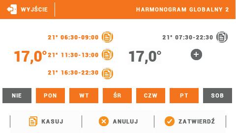 Instrukcja obsługi 1 2 3 4 5 1. Ogólna temperatura zadana w pierwszej grupie dni (dni podświetlone na pomarańczowo, na powyższym przykładzie są to dni robocze: poniedziałek - piątek).