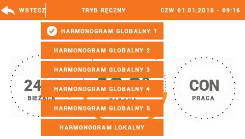 Instrukcja obsługi V. Tryby pracy regulatora V.a) Harmonogram Po aktywowaniu wybranego harmonogramu temperatura zadana zależna jest od zdefiniowanych wcześniej ustawień.