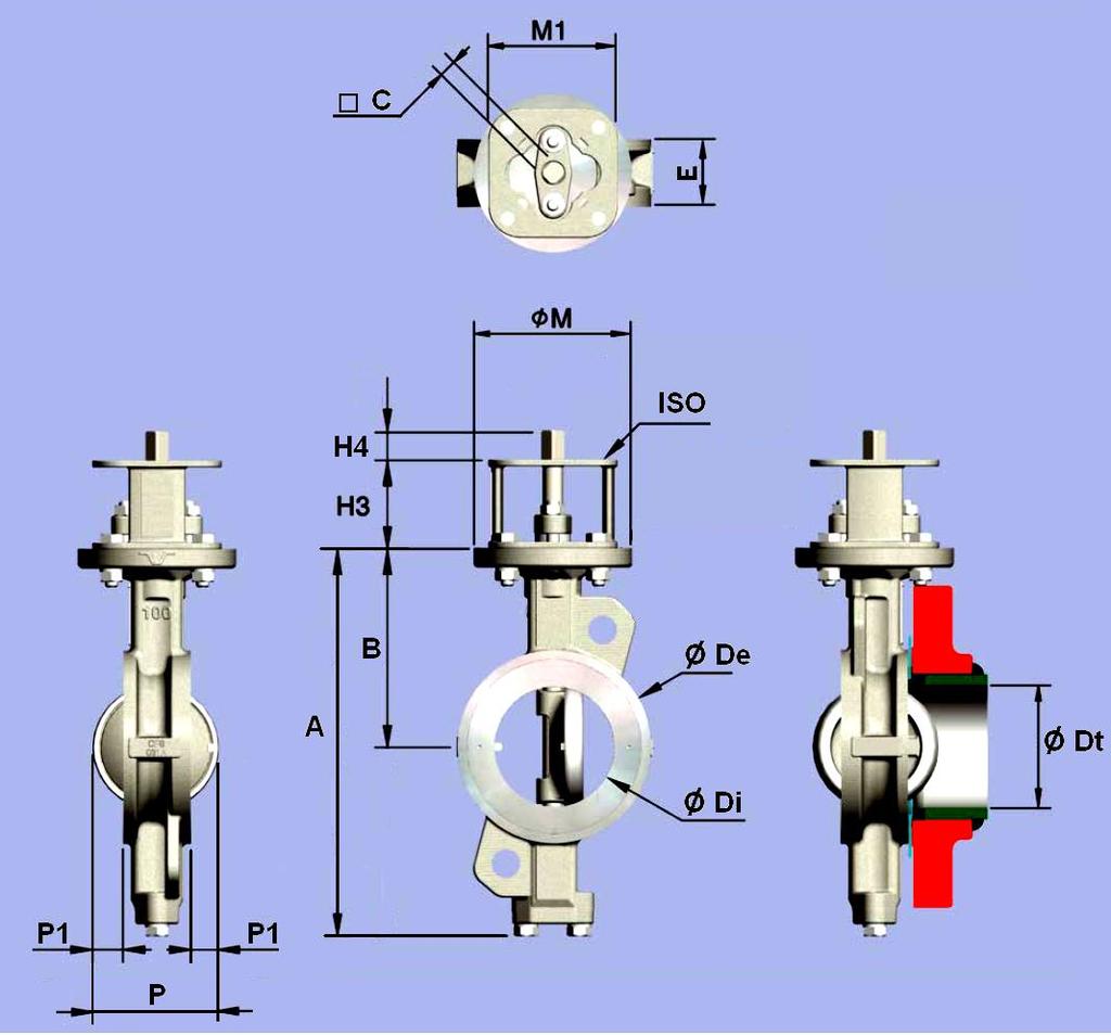 Wymiary ( w mm ) : Poz. Nazwa części Materiały 1113 Materiały 1114 1 Korpus ASTM A216 WCB ASTM A351 CF8M 316 2 Dysk ASTM A351 CF8M 316 3* Uszczelnienie PTFE z 15% grafitem 4 El.