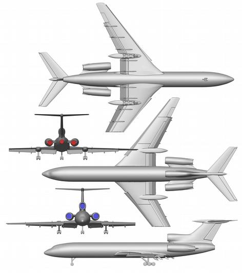 Rys. 9. Model powierzchniowy samolotu Tu-154M w konfiguracji do lądowania z urwaną końcówką lewego skrzydła o rozpiętości 6 m (wariant nr 4).