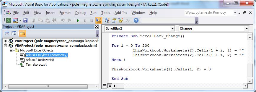 przypadku procedury CommandButton1_Click(). Jej zadaniem jest wyzerowanie tabelki wspołrzędnych położenia cząstki w arkuszu obliczenia. Instrukcja ThisWorkbook.Worksheets(1).