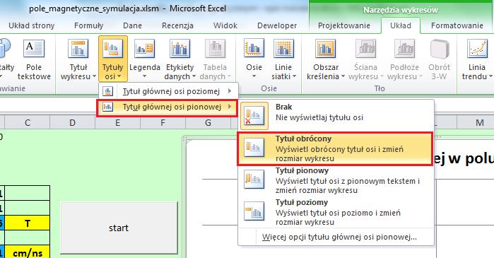 72. Przejdź na kartę Układ i w sekcji Etykiety wybierz Tytuły osi, a następnie Tytuł głównej osi pionowej i z wewnętrznej listy Tytuł obrócony (rys. 58). Wpisz tekst Z[m] i naciśnij Enter.