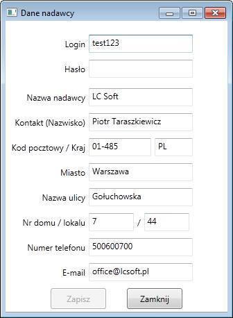 21 8.3 Dane nadawcy W oknie tym definiuje się domyślne dane nadawcy, które są dopisywane do każdego tworzonego listu przewozowego, oraz do wprowadzania danych dostępowych do usługi FDSWS.