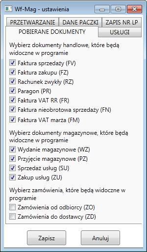 22 8.4 Przetwarzanie danych Ustawienia pozwalają na konfigurację parametrów przetwarzania dokumentów wprowadzonych w WF-Mag na listy przewozowe.