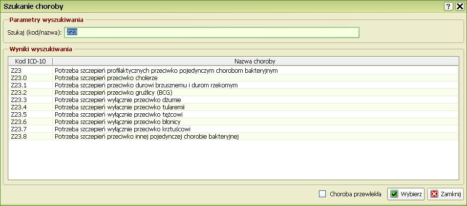 taki jest) oraz ICD10 z listy po wybraniu Wyszukujemy odpowiedniego kodu ICD10 i wybieramy go z listy.