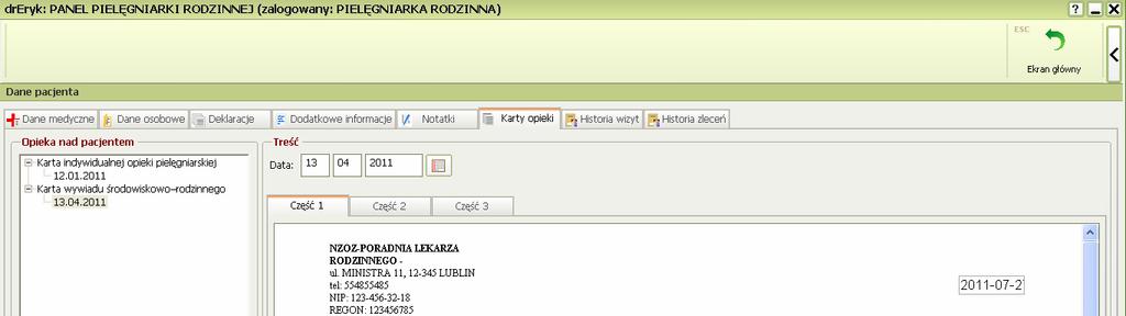 Należy wyszukać pacjenta w bazie, zaznaczyć a następnie kliknąć Karty opieki.