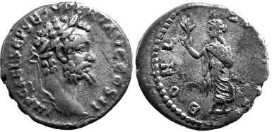 Ryc. 2. Cesarstwo Rzymskie, Septymiusz Sewer, denar z legend rewersu BONI EVENTVS i przedstawieniem stoj cej Spes, z portalu www.forumancientcoins.com. Nieznaczne powi kszenie Fig. 2. Roman Empire, Septimius Severus, denarius with reverse legend BONI EVENTVS and representation of Spes standing, from the portal www.
