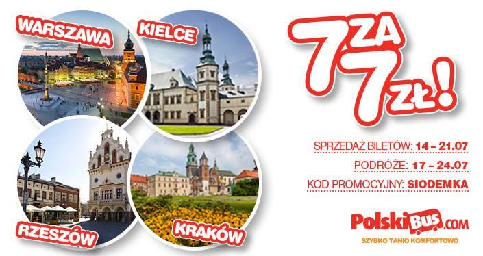 Warszawa Kielce Kraków oraz Warszawa Rzeszów Polskiego Busa. Kolejna promocja zaczyna się od dziś, czyli lipca 2015 roku i trwa do 21 lipca. Podróże można odbywać 17 lipca 2015 do 24 lipca 2015.