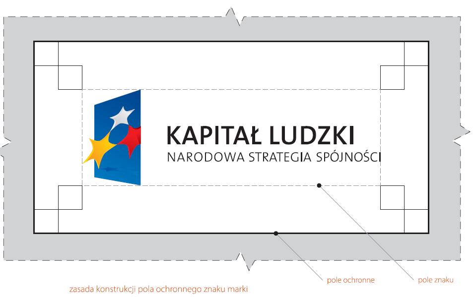 Wielkość tworzenia modułu konstrukcyjnego pola ochronnego wynosi 1/4 wysokości znaku graficznego, natomiast wielkość pola znaku powinna stanowić podwójną wartość modułu, czyli 1/2 wysokości znaku.