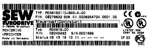 . Wielkość 0 54522AXX Przykład: Ogólna tabliczka znamionowa MDX61B.. Wielkość 1-6 W przypadku MDX61B.. wielkość 1-6 ogólna tabliczka znamionowa umieszczona jest z boku urządzenia. Rys.