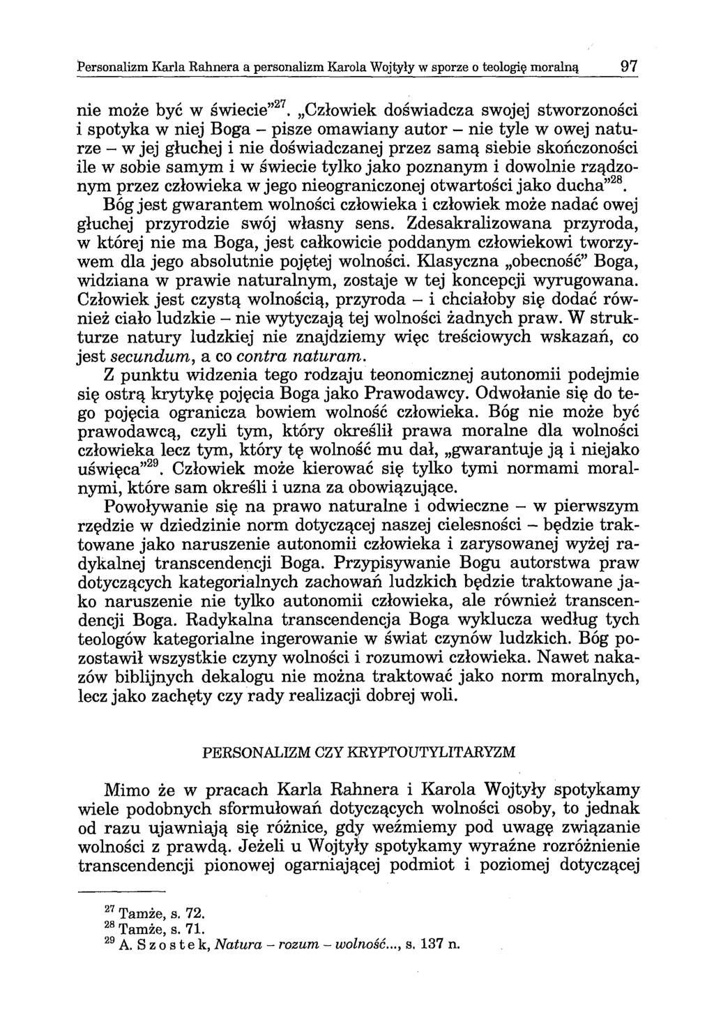 Personalizm Karla Rahnera a personalizm Karola Wojtyły w sporze o teologię moralną 97 nie może być w świecie 27.