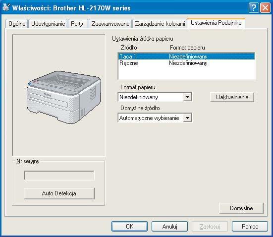 Sterownik i oprogramowanie Zakładka Ustawienia podajnika 3 Na zakładce Ustawienia podajnika można zdefiniować rozmiar papieru dla każdego podajnika i ustawić automatyczne wykrywanie numeru seryjnego.