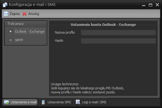 Konfiguracja poczty e-mail Dla wysyłki wiadomości e-mail dostępne są dwa tryby pracy: - Outlook/Exchange wiadomości