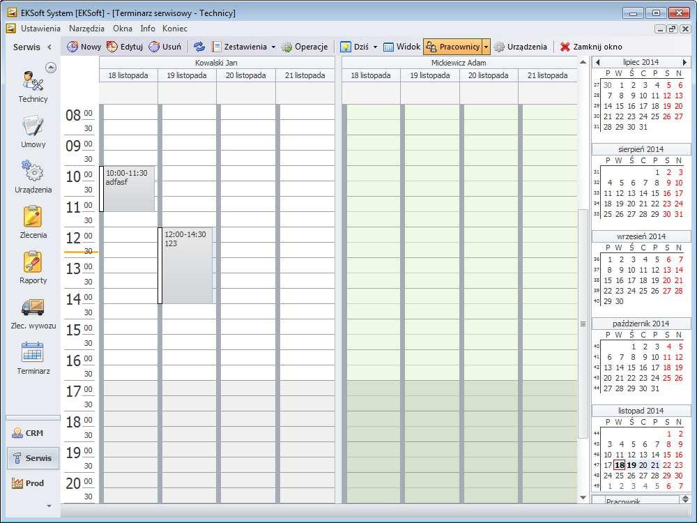 Terminarz serwisowy Moduł terminarza zawiera dwa, wizualnie wzorowane na MS Outlook podsystemy: A) terminarz dla techników Sieciowy planer prac, urlopów i
