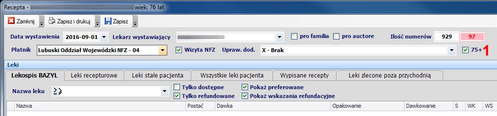 Aby program samodzielnie oznaczył na recepcie opcję 75+ (1) spełnione muszą zostać łącznie następujące warunki: pacjent w dniu wystawiania recepty musi mieć ukończone 75 lat pacjent w dniu