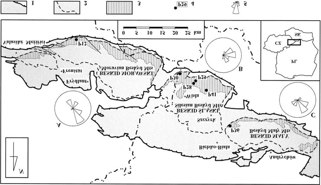 Debryty kohezyjne warstw istebniañskich (senon górny paleocen)... 203 Fig. 1. Wychodnie warstw istebniañskich na tle zachodniej czêœci jednostki œl¹skiej Karpat zewnêtrznych (wg ytko et al.