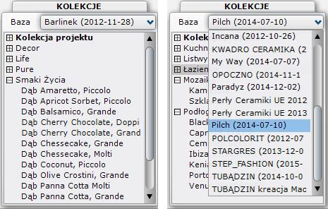 Program CAD Decor oferuje liczne funkcje nanoszenia, edycji i wyceny płytek ceramicznych, pogrupowanych w czytelne kolekcje (w tym Kolekcję projektu, zawierającą wszystkie okładziny użyte w bieżącym