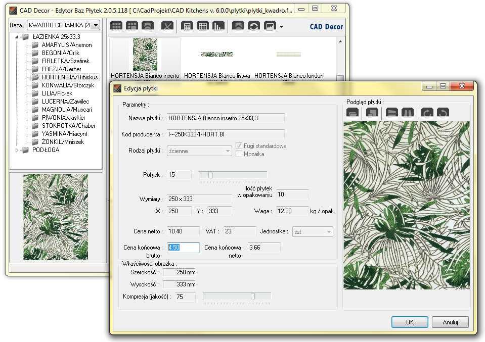 Bazy danych producentów płytek Edytor baz płytek umożliwia edytowanie cen płytek w zainstalowanych bazach producenckich, dostępna jest szeroka gama baz danych producentów płytek, zarówno krajowych