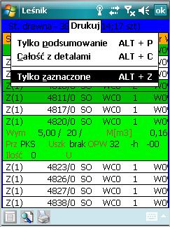 Na wydruku stanów drewna widoczne są tylko pozycje, które zostały zaznaczone za pomocą klawisza <Space>.