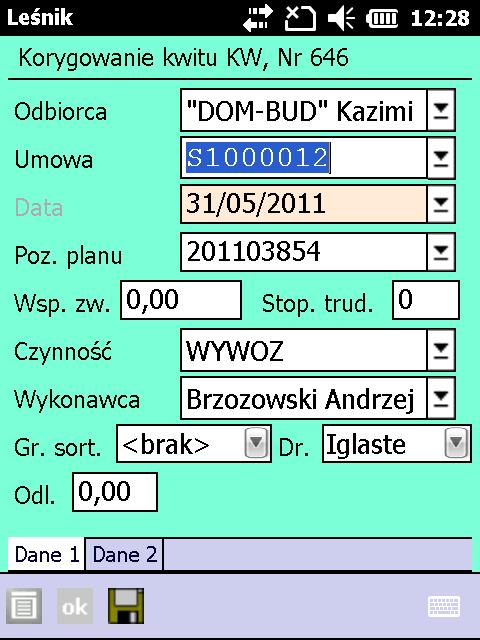 W części nagłówkowej dostępne są następujące informacje: numer umowy nadleśnictwa, numer umowy RDLP, wskaźnik umowy (Nadl/RDLP/DGLP), numer adresowy klienta na umowie, data umowy.