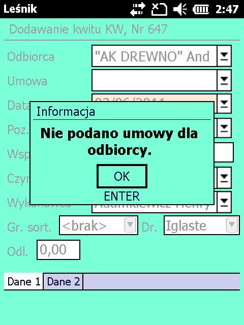 W przypadku nie podania numeru umowy w nagłówku KW/KP/AS program pozwala na dodanie takiego dokumentu bez wypełnionego pola Umowa i jednocześnie wyświetli ostrzeżenie Nie podano umowy dla odbiorcy.