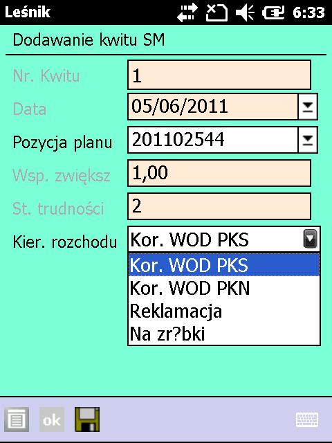 Kier. rozchodu Wybór kierunków: 1, 2, 4, 9 1 - Korekta WOD PKS podczas rozchodu program odfiltrowuje listę magazynową drewna, zgodnie z wybranym kierunkiem.