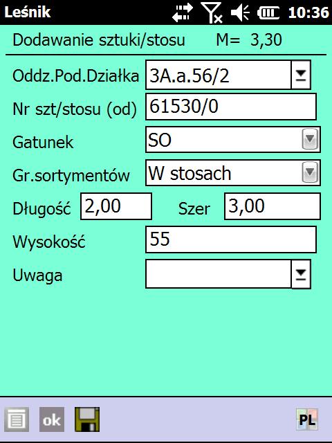 W nagłówku ekranu znajduje się informacja o masie m3/mp odbieranego drewna.