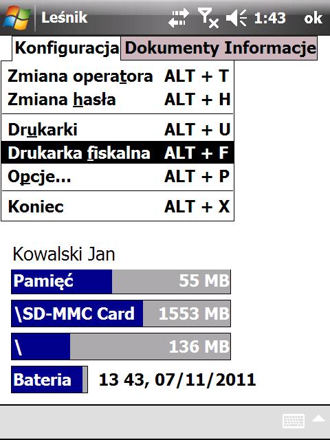 1.2.5 Drukarka fiskalna Umożliwiono współpracę aplikacji Leśnik z drukarkami fiskalnymi. W tym celu dodano w menu Konfiguracje funkcje Drukarka fiskalna.