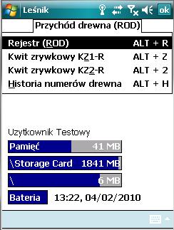 Pojawia się menu Przychód drewna, z którego wybieramy Rejestr (ROD). Ekran 35.