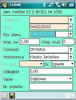 (Iglaste/Liściaste/Mieszane). Pozostałe pola wypełnione są wg ustawień domyślnych dla KZ lub ostatnio użytymi wartościami.