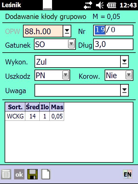 Dodawanie kolejnych pozycji (sortymentów i średnic) następuję po naciśnięciu klawisza Lewy skaner (lub shift+strzałka w lewo, w urządzeniach Intermec CK61 - Lewy niebieski, Motorola - klawisz