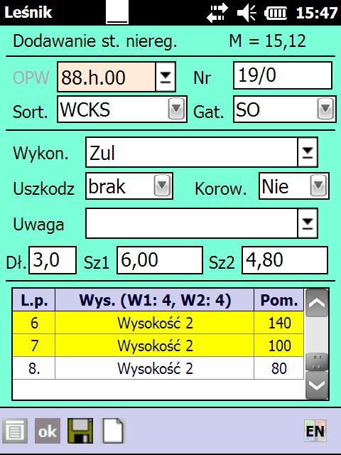 Pozostałe zasady nawigacji w tabeli: Pole wysokość - przejście do pola Pomiary w poprzednio wprowadzonej wysokości - przewijanie wysokości przejście do pola Pomiary Pole Pomiary - przejście do