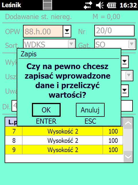 W trakcie zapisywania danych (Enter lub symbol dyskietki) następuje przeliczenie danych. Wcześniej program wyświetla informację, że dane zostaną przeliczone i zapamiętane.