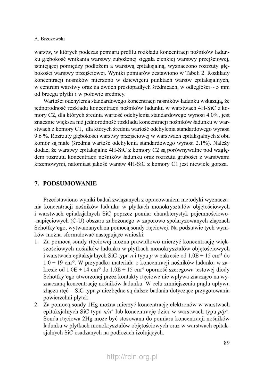 A. Brzozowski warstw, w których podczas pomiaru profilu rozkładu koncentracji nośników ładunku głębokość wnikania warstwy zubożonej sięgała cienkiej warstwy przejściowej, istniejącej pomiędzy