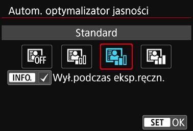 W przypadku obrazów JPEG korekcja jest przeprowadzana podczas rejestrowania obrazu. W trybach strefy podstawowej automatycznie jest ustawiany tryb [Standard].