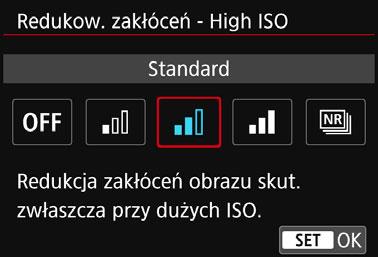 3 Ustawianie redukcji zakłóceńk Redukowanie zakłóceń przy wysokich wartościach ISO Funkcja ta umożliwia redukcję zakłóceń na obrazie.