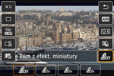 Nagrywanie filmów z efektem miniatury Możliwe jest nagrywanie filmów z efektem miniatury (dioramy). Wybierz szybkość odtwarzania i rozpocznij nagrywanie. 1 Naciśnij przycisk <Q>.
