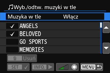 3 Pokaz przezroczy (automatyczne odtwarzanie) Wybieranie podkładu muzycznego Po skopiowaniu plików muzyki w tle na kartę pamięci za pomocą oprogramowania EOS Utility (oprogramowanie EOS) można