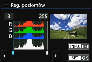 Regulacja poziomów Wybór pozycji [Ręczna] pozwala zmienić rozkład histogramu oraz wyregulować jasność i kontrast obrazu.