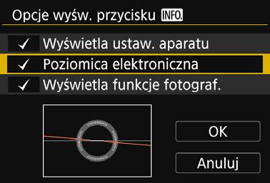 Q Wyświetlanie poziomicy elektronicznej Aby ułatwić sobie korekcję przesunięcia aparatu, można wyświetlić poziomicę elektroniczną na monitorze LCD i w wizjerze.