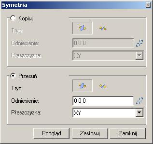 3. Przesunięcie elementów przez symetrię Dostęp do poleceń Aby otworzyć okno dialogowe "Symetria": Menu: Zmiana> CAD > Symetria; Pasek narzędzi Zmiana: kliknij.