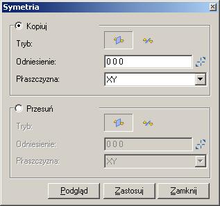 3. Kopiowanie elementów przez symetrię Dostęp do poleceń Otwórz okno dialogowe "Symetria": Menu: Zmiana> CAD > Symetria; Pasek narzędzi Zmiana: kliknij ; Aby użyć narzędzia symetrii: na pasku