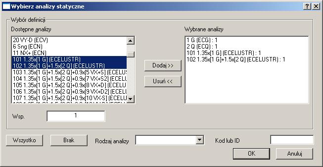 nieliniowej". Możesz skonfigurować parametry analizy jak pokazano poniżej: Aby skonfigurować kilka analiz jednocześnie, użyj rozwijalnej listy dostępnej w dolnej części okna dialogowego.